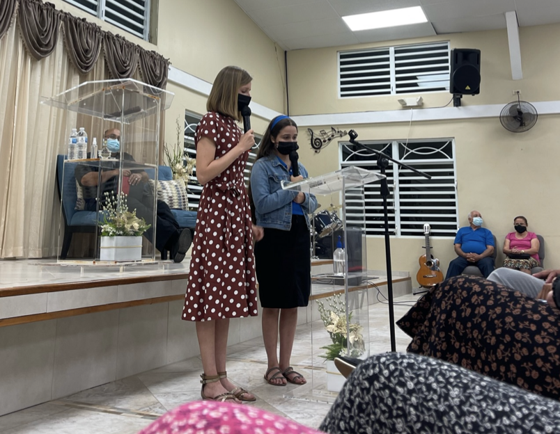 Vanguard University student Olivia Cunningham speaking at a church in  Puerto Rico in May 2022.